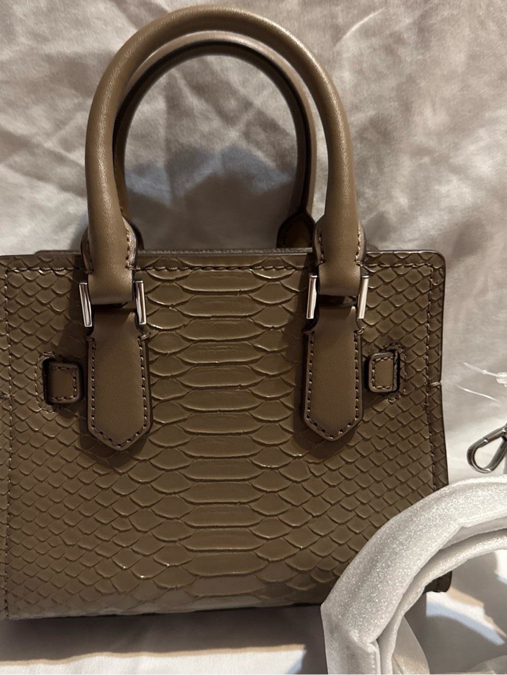 NEW Michael Kors Dusk Taupe Python-Embossed Mini Satchel with Logo Charm - Picture 5 of 6